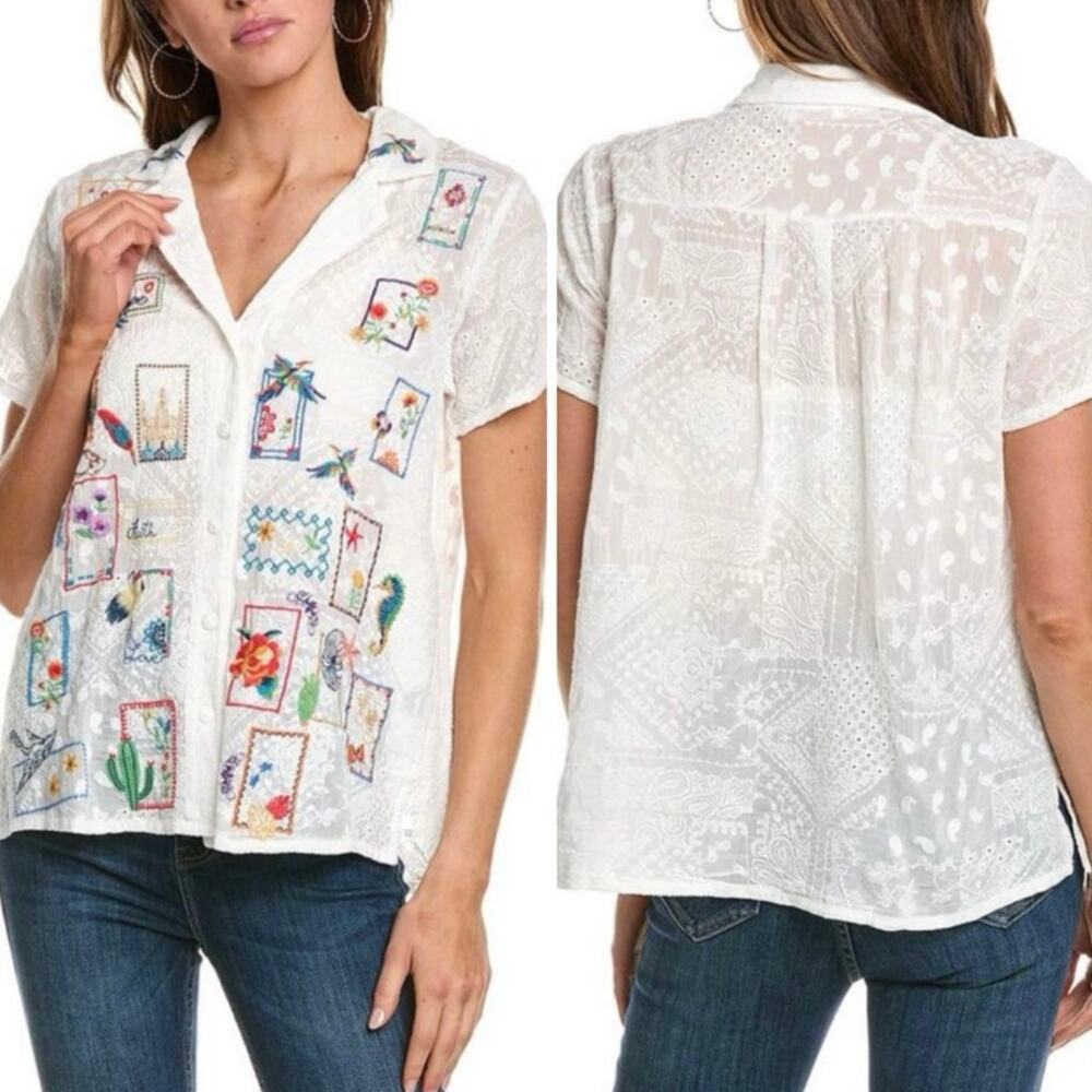 Johnny Was Cooper Embroidered Button Up Blouse